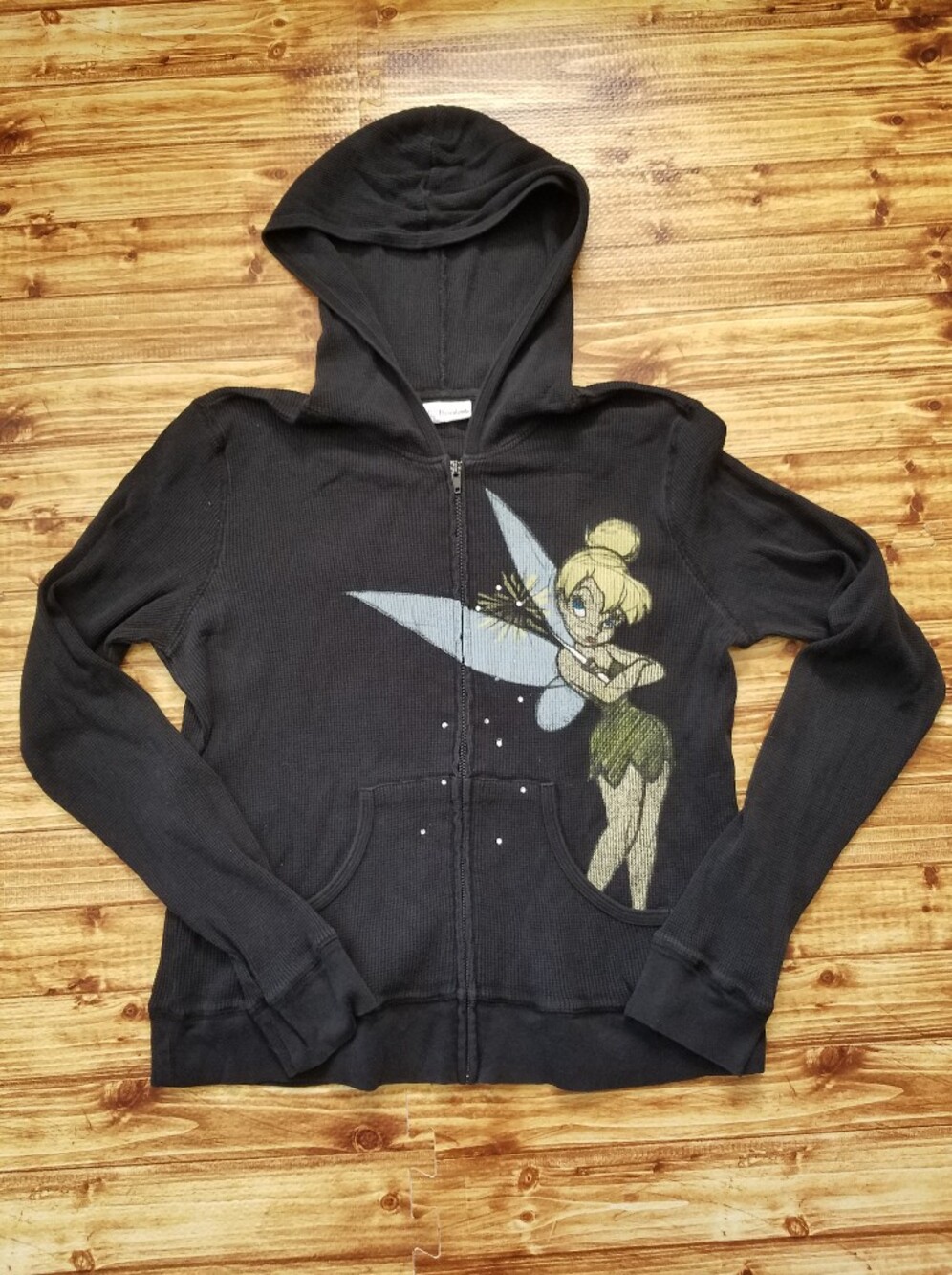 Disney Tinker Belle Black Cotton Zip Hoodie Waffle Thermal XL Peter Pan Y2K